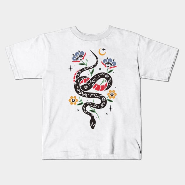 Snake floral pattern Kids T-Shirt by Inkshit13